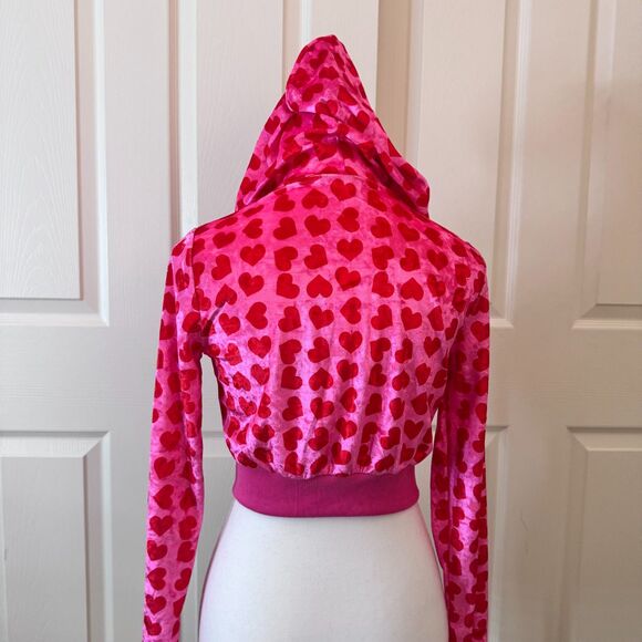 Cropped Velour Zip Up Heart Hoodie Pink & Red – XS - Picture 3 of 5